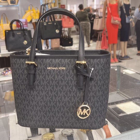 Michael Kors XS Carry All Jet Set Travel Womens Tote BLACK SIG GOLD Bags